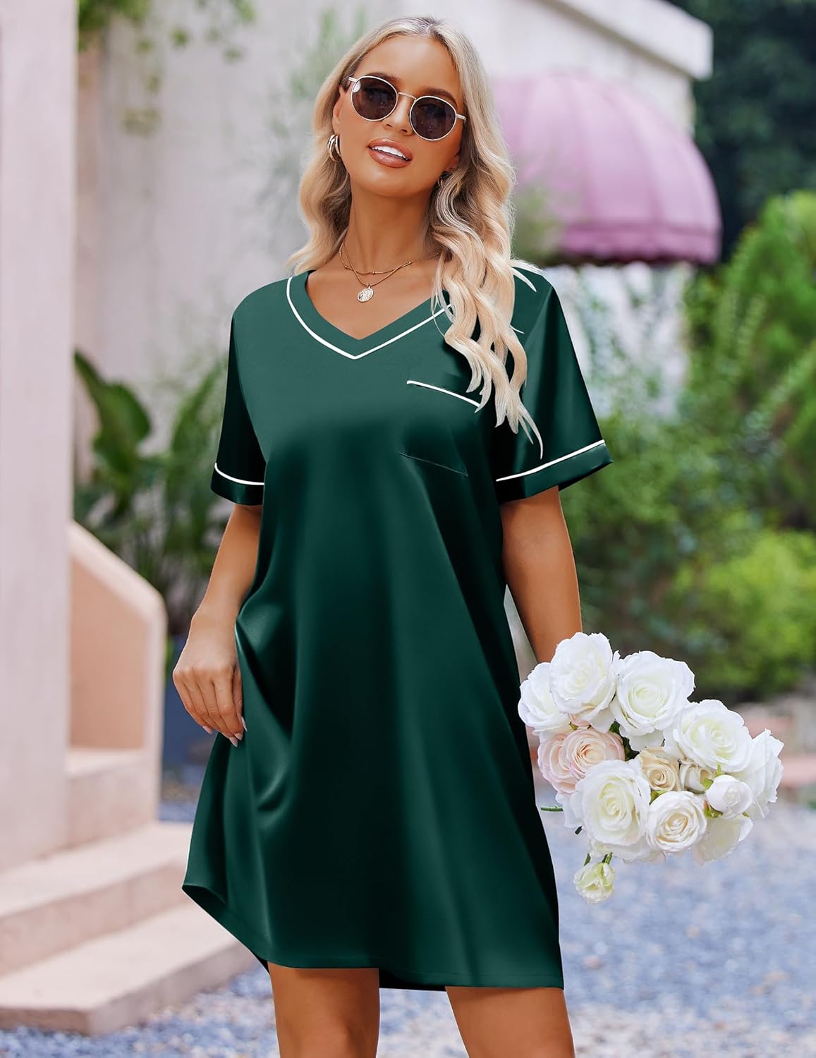 Satin silk nightgown in dark green with V-neck and short sleeves, loose fit