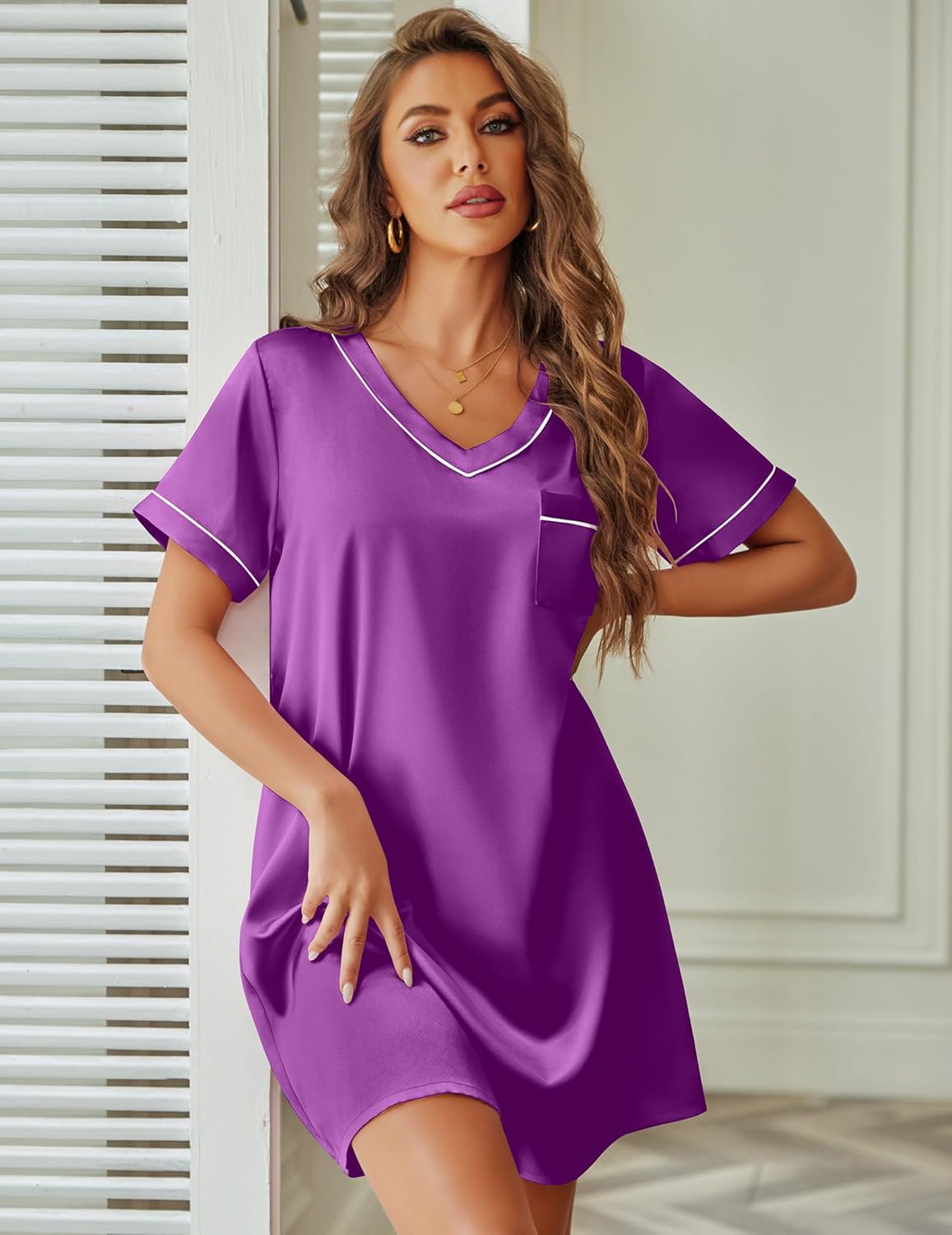 Purple satin silk nightgown with V-neck, short sleeves, contrast piping, chest pocket