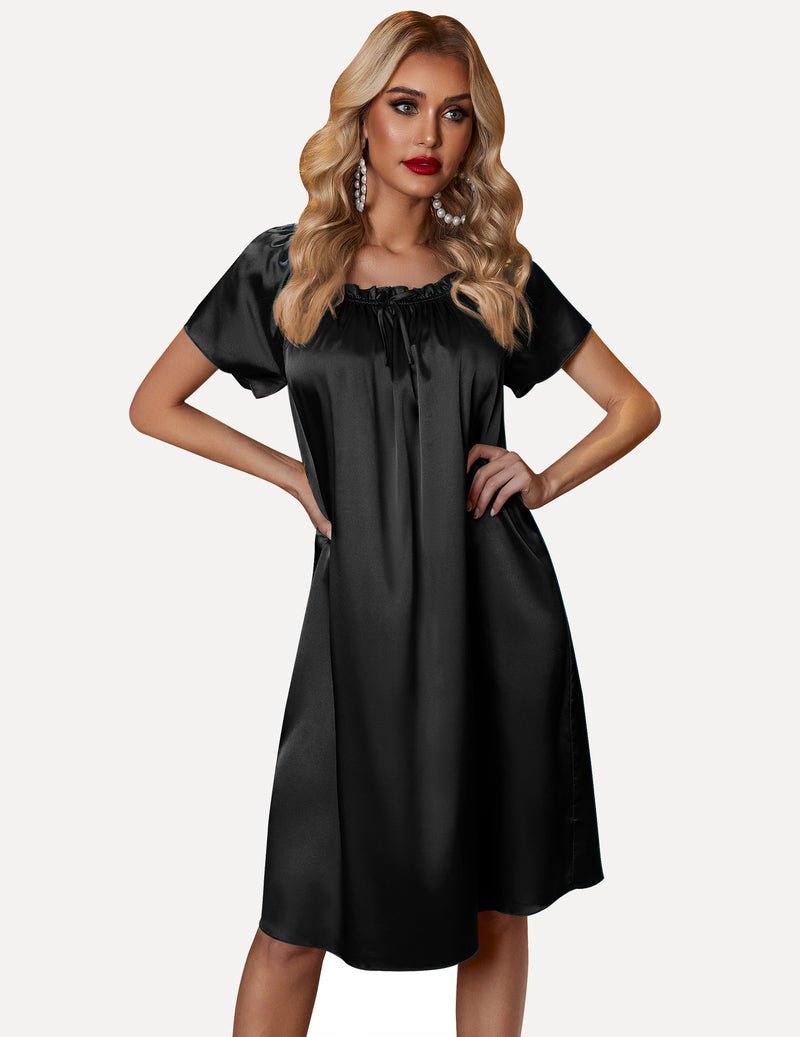 Black satin pleated nightgown with gathered scoop neckline and short sleeves