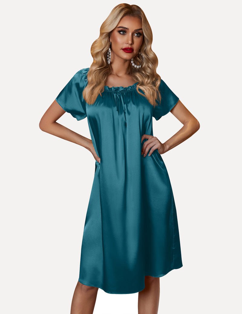 Teal blue satin nightgown with gathered neckline, short sleeves, knee-length