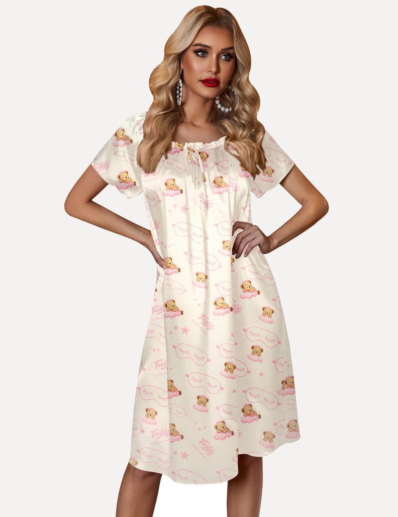 White satin nightshirt with teddy print, gathered neckline and short flutter sleeves