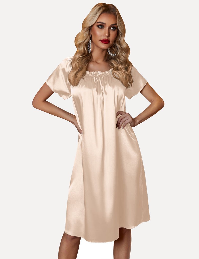 Champagne satin pleated nightshirt with gathered neckline and short sleeves