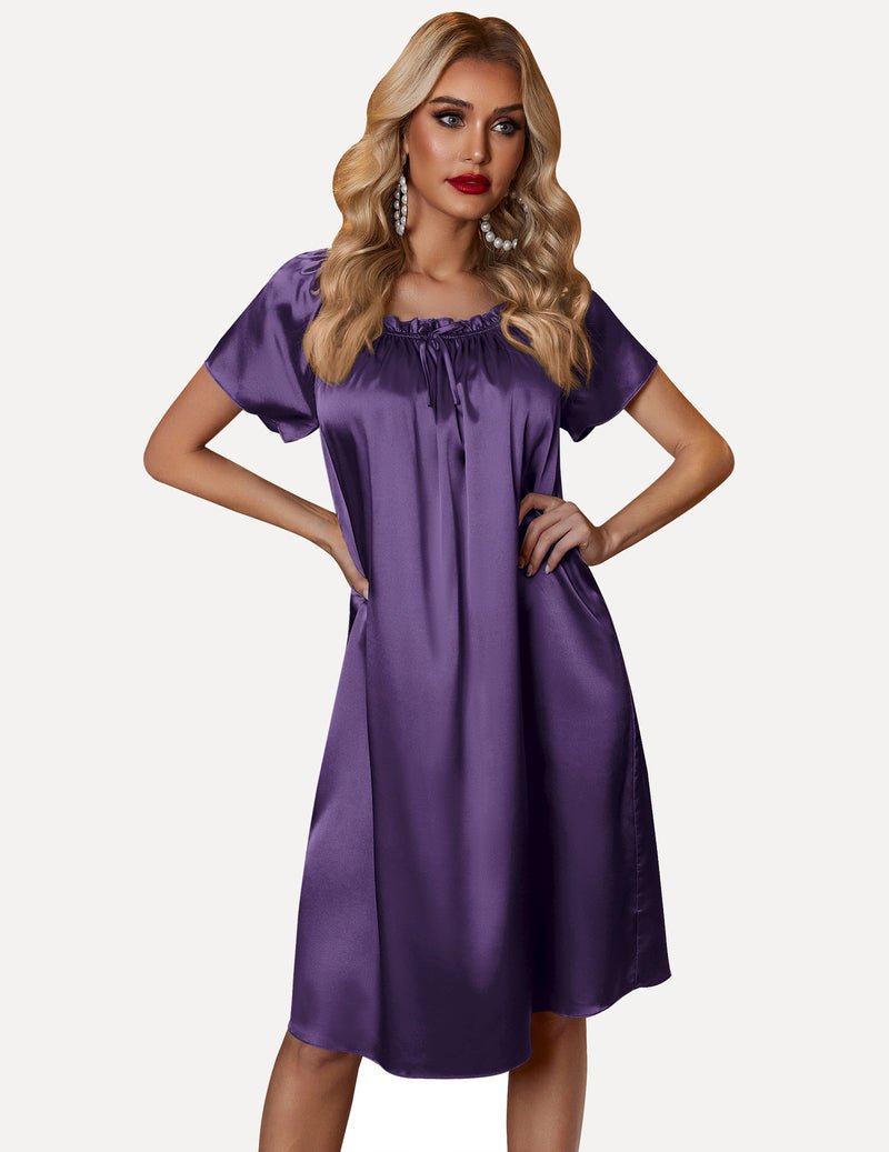 Purple satin pleated nightshirt with gathered neckline and short sleeves
