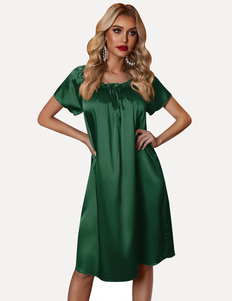 Evergreen satin pleated nightgown with gathered neckline and short sleeves