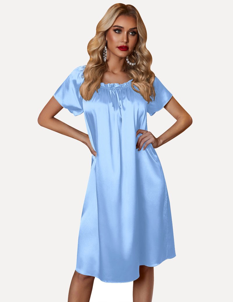 Light blue satin pleated nightshirt with gathered neckline and short sleeves