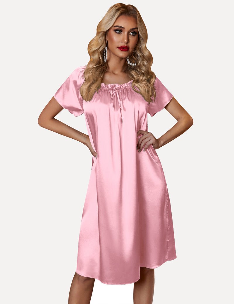 Satin silk pleated nightgown, pink, ruffled neckline with tie, short sleeves
