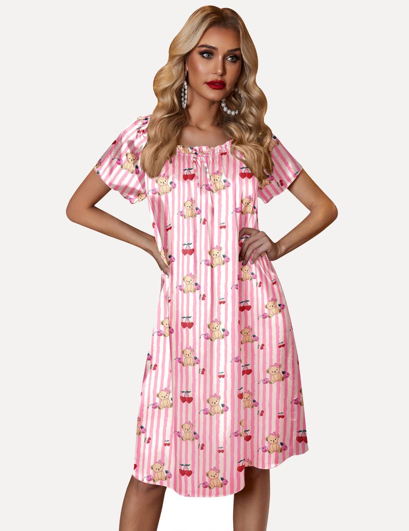 Pink and white striped satin nightgown with teddy print, gathered neckline, short sleeves