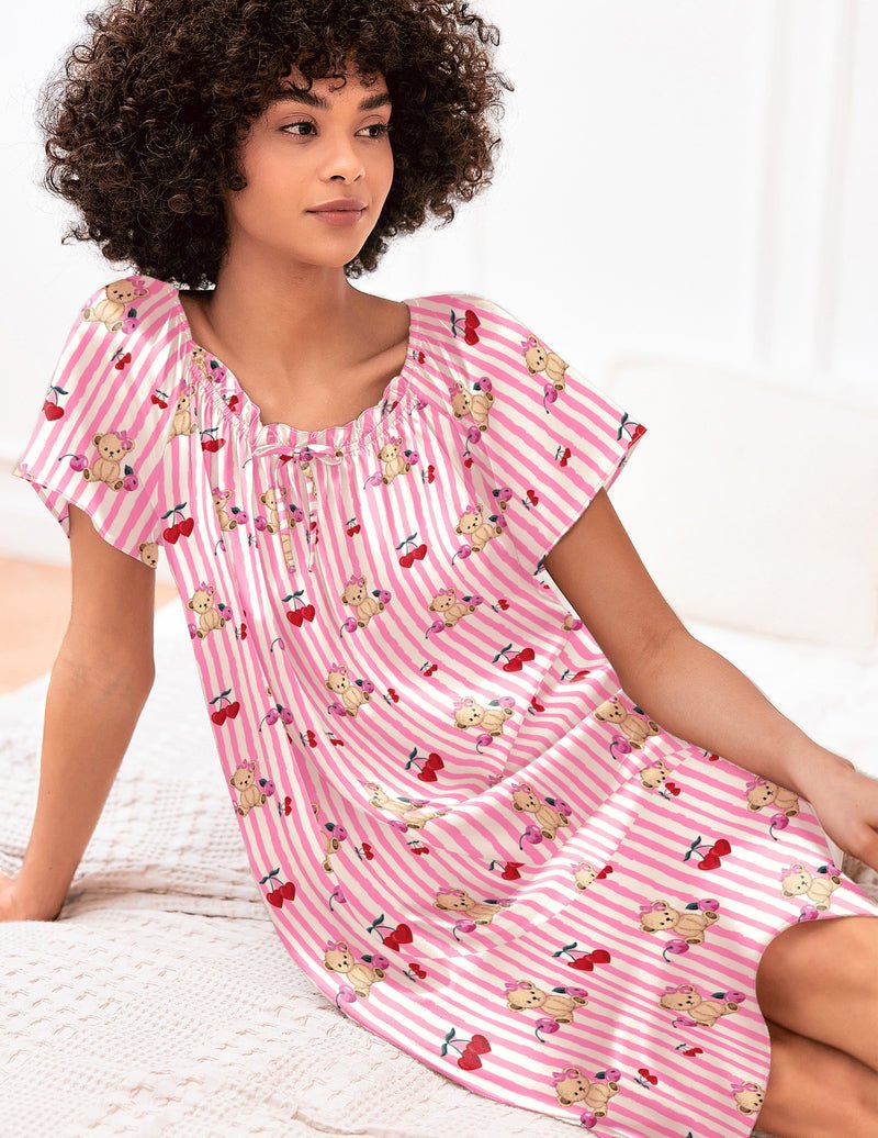 Pink striped satin nightshirt with teddy print, short sleeves, gathered neckline