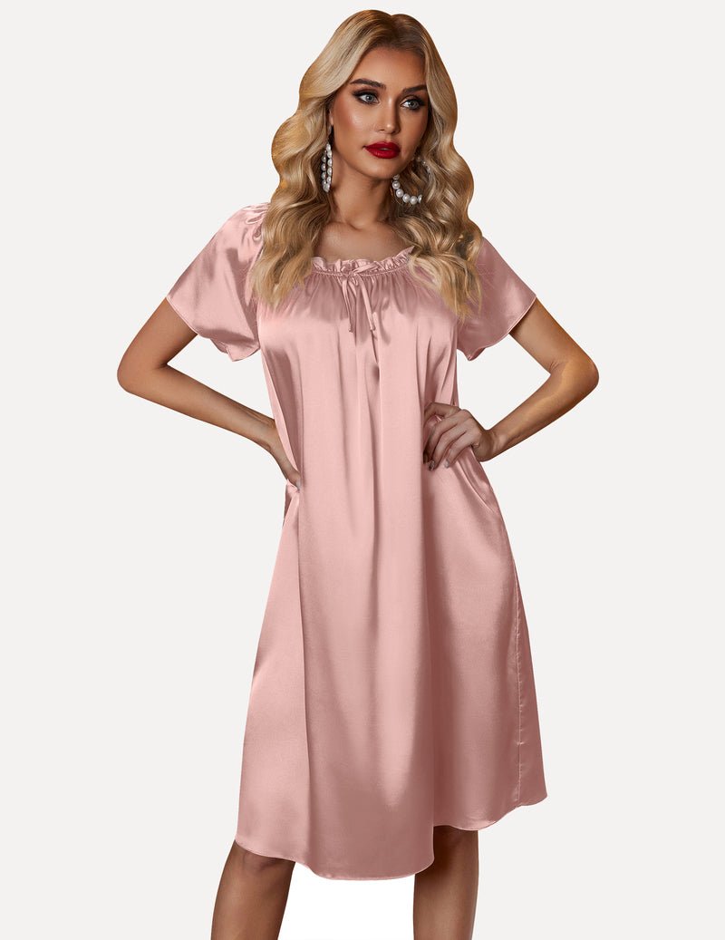 Satin silk pleated nightgown, pink, gathered collar with bow, A-line midi