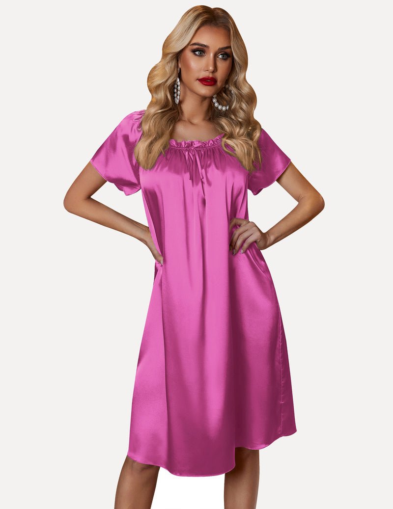Satin silk pleated nightgown, deep pink, ruched neckline tie, flowing midi