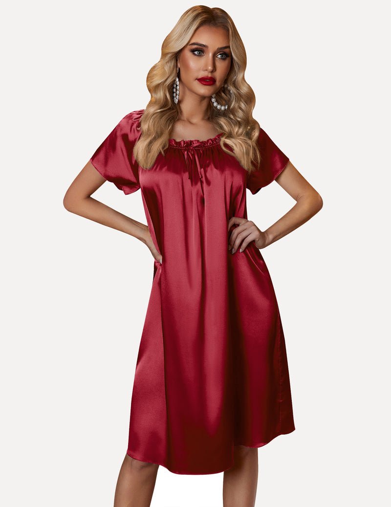 Satin silk pleated nightgown, wine red, gathered neckline bow, short-sleeve midi