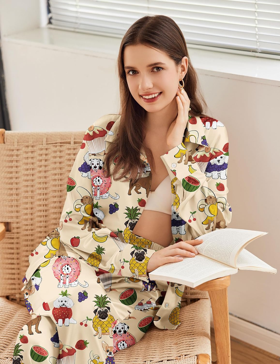Cream-white printed satin lounge set with long sleeves button shirt and matching pants