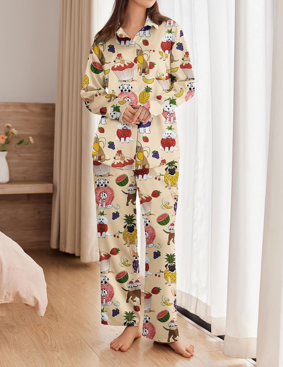 White satin pajama set with colorful animal and food print, button-up top and pants
