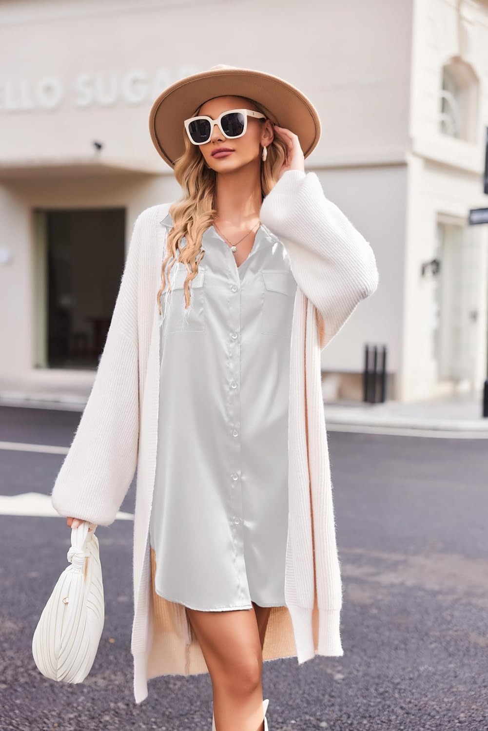 Satin Sleep Shirt Long Sleeve Nightgown in white, button-front V-neck