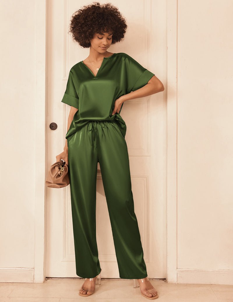 Olive green satin V-neck pajama set with short sleeves and drawstring wide-leg pants