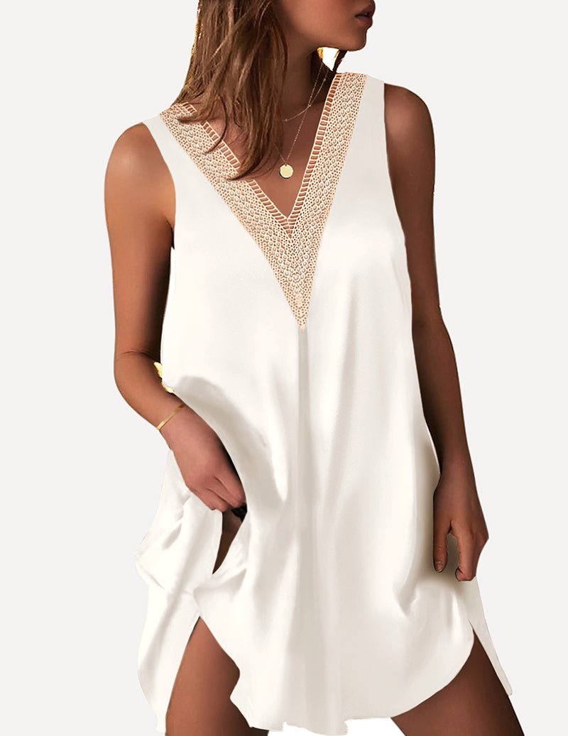 White satin V-neck sleeveless nightdress with crochet lace trim