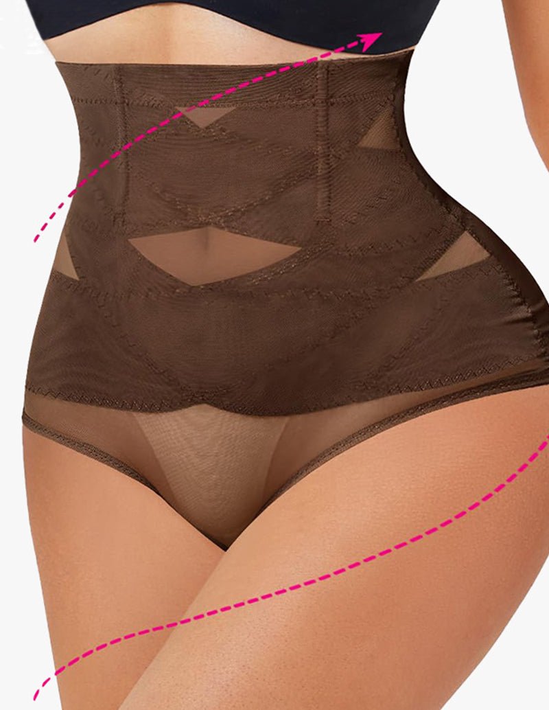 Seamless shaping shorts in brown with mesh paneling and a central shaping seam.