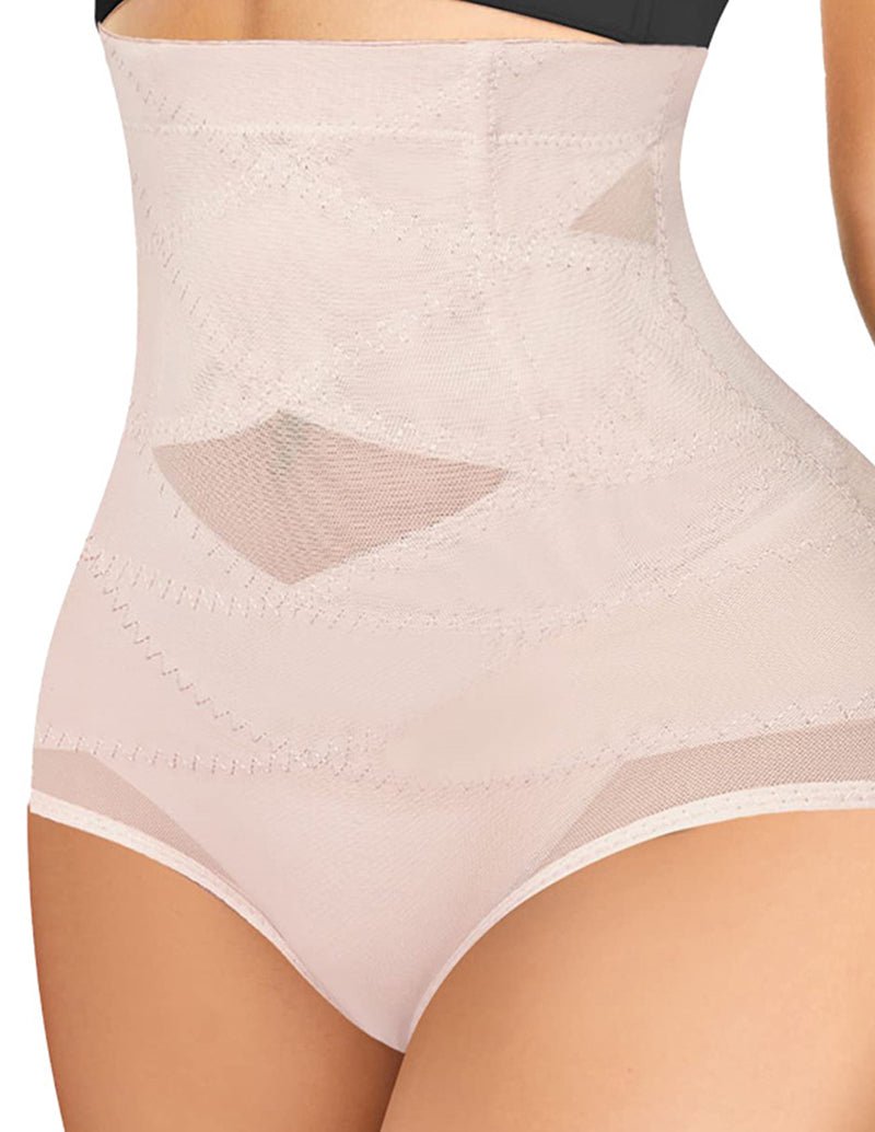 Seamless shaping shorts in beige with smooth front mesh paneling and no seams.