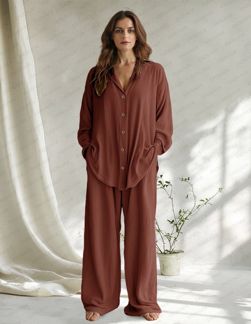 Brown cotton sleepwear set with button-front top and relaxed wide-leg pants