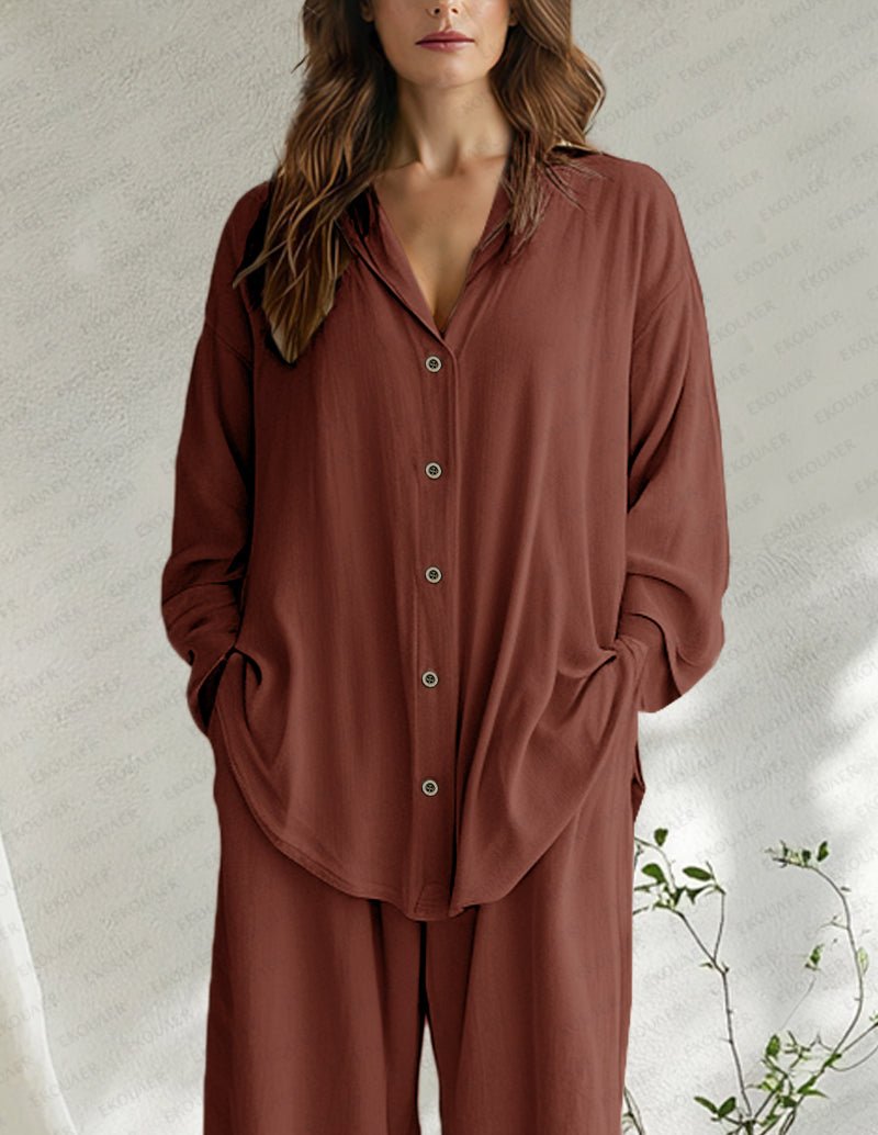 Brown cotton sleepwear set with button-front shirt and wide-leg pajama pants detail