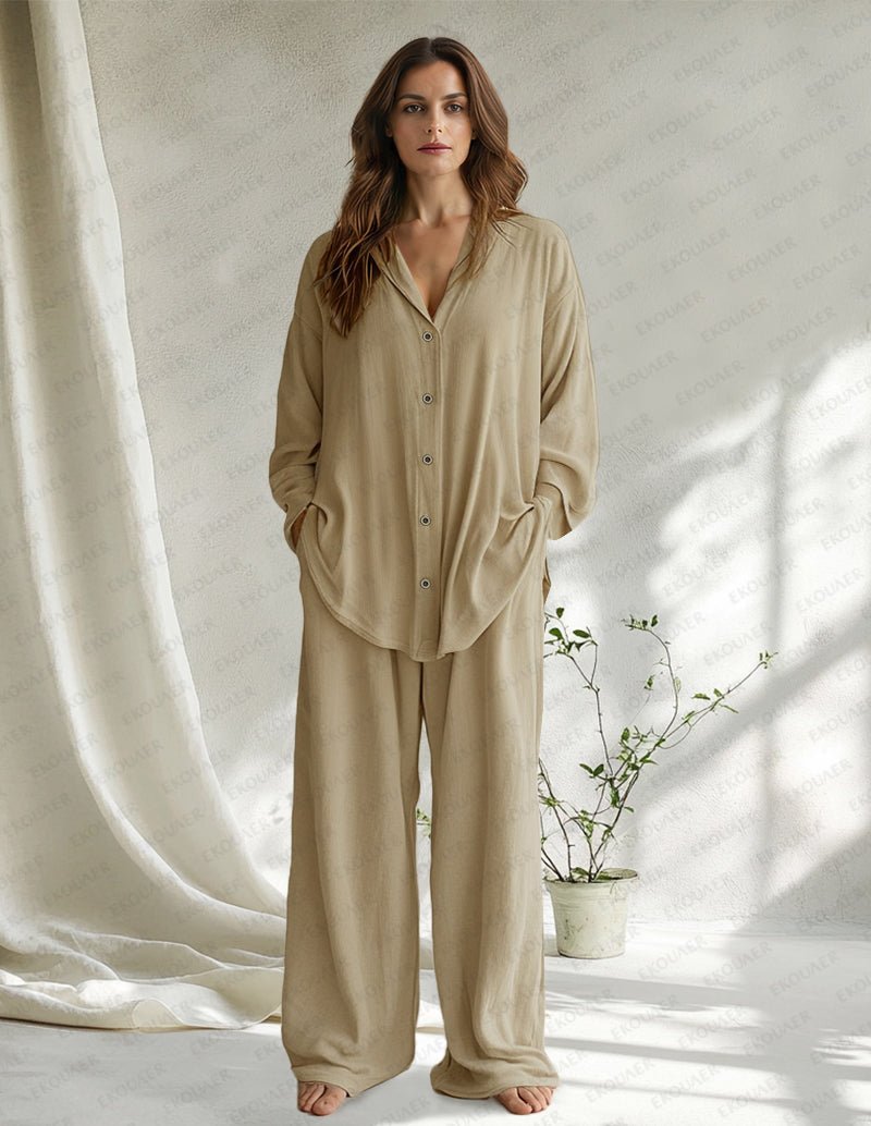 Khaki cotton sleepwear set with button-front top and relaxed wide-leg pants