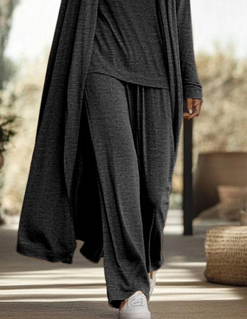 Dark grey 3-piece lounge set: long draped cardigan and wide-leg pants with top