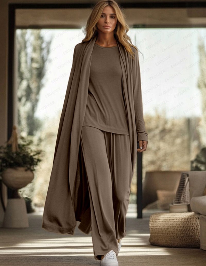 Brown 3-piece lounge set: long cardigan, scoop-neck top, wide-leg pants