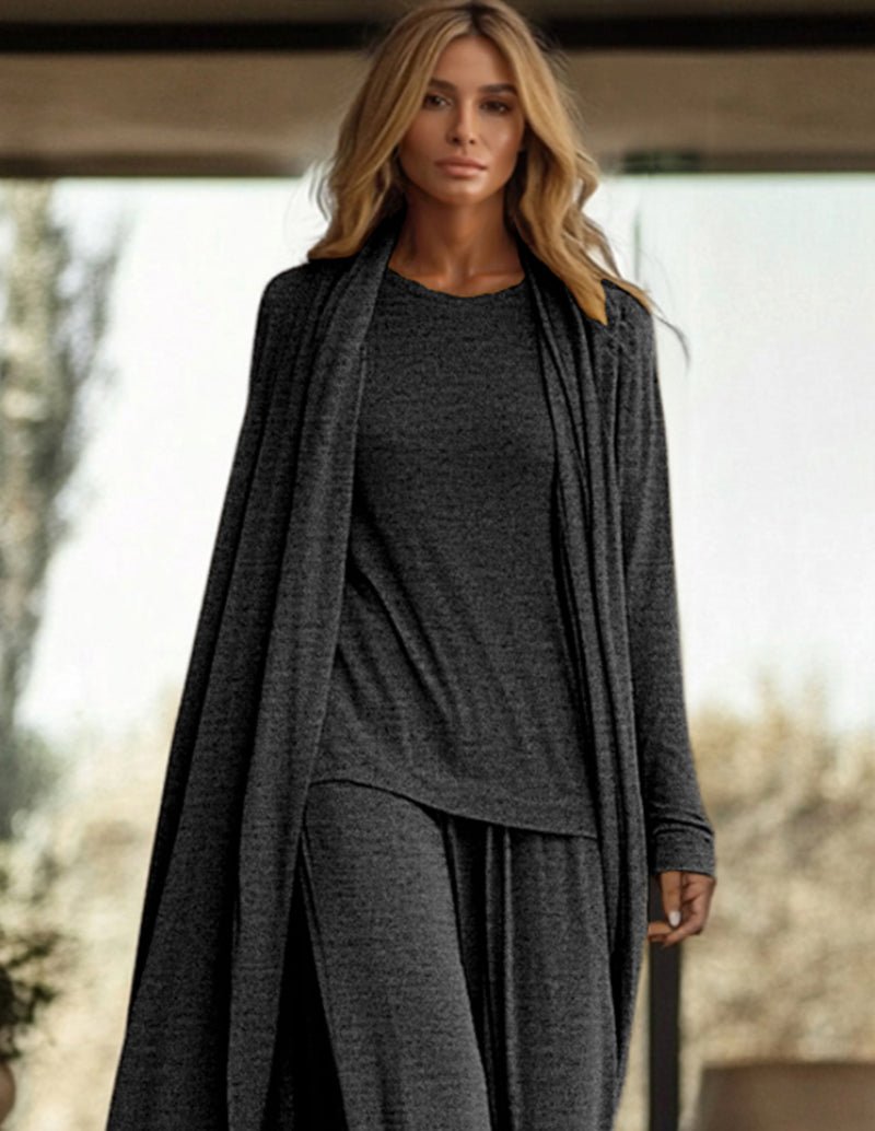 Dark grey 3-piece lounge set: draped cardigan, scoop-neck top, wide-leg pants