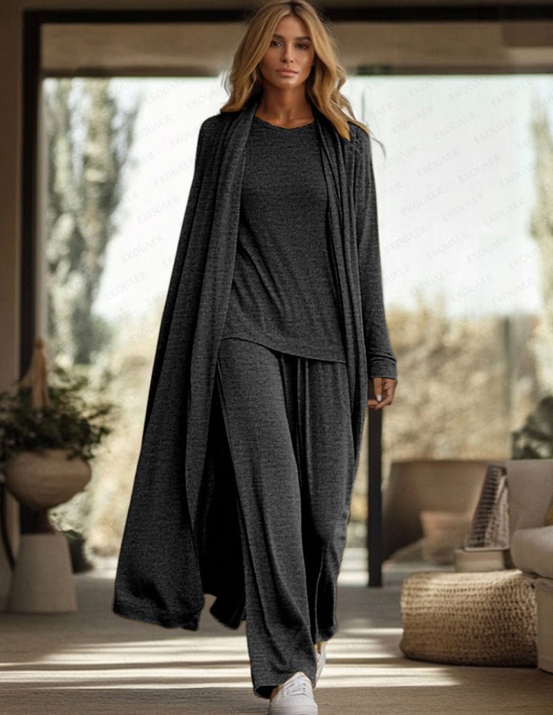 Dark grey 3-piece lounge set: long cardigan, scoop-neck top, wide-leg pants