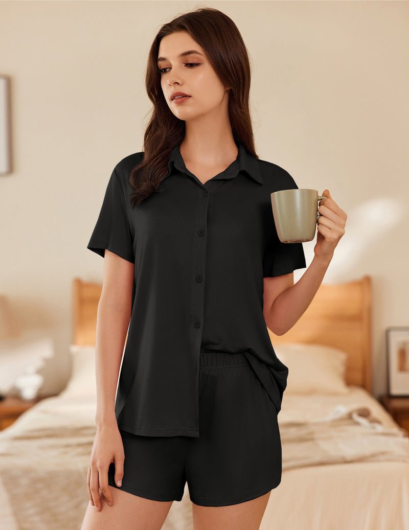 Button-down short sleeve pajama set in solid black, with matching shorts