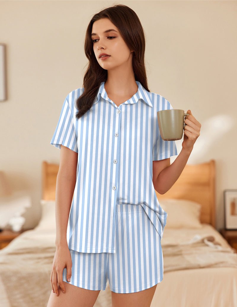 Button-down short sleeve pajama set, blue and white stripe print