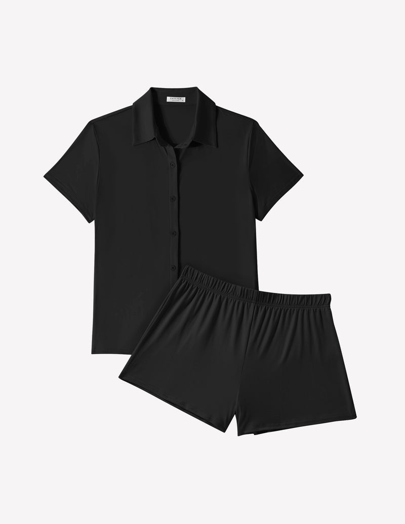 Schlafanzug-Set Kurzarmhemd mit Knopfleiste und Shorts, schwarz