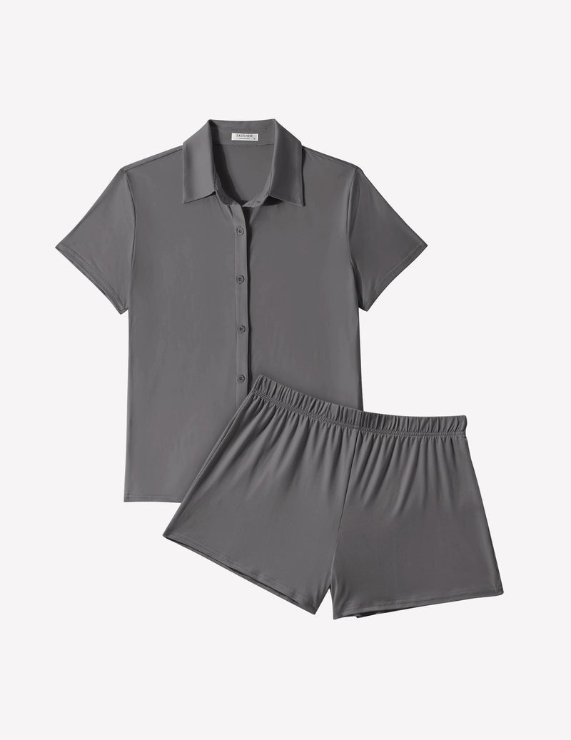 Schlafanzug-Set Kurzarmhemd mit Knöpfen und Shorts, grau
