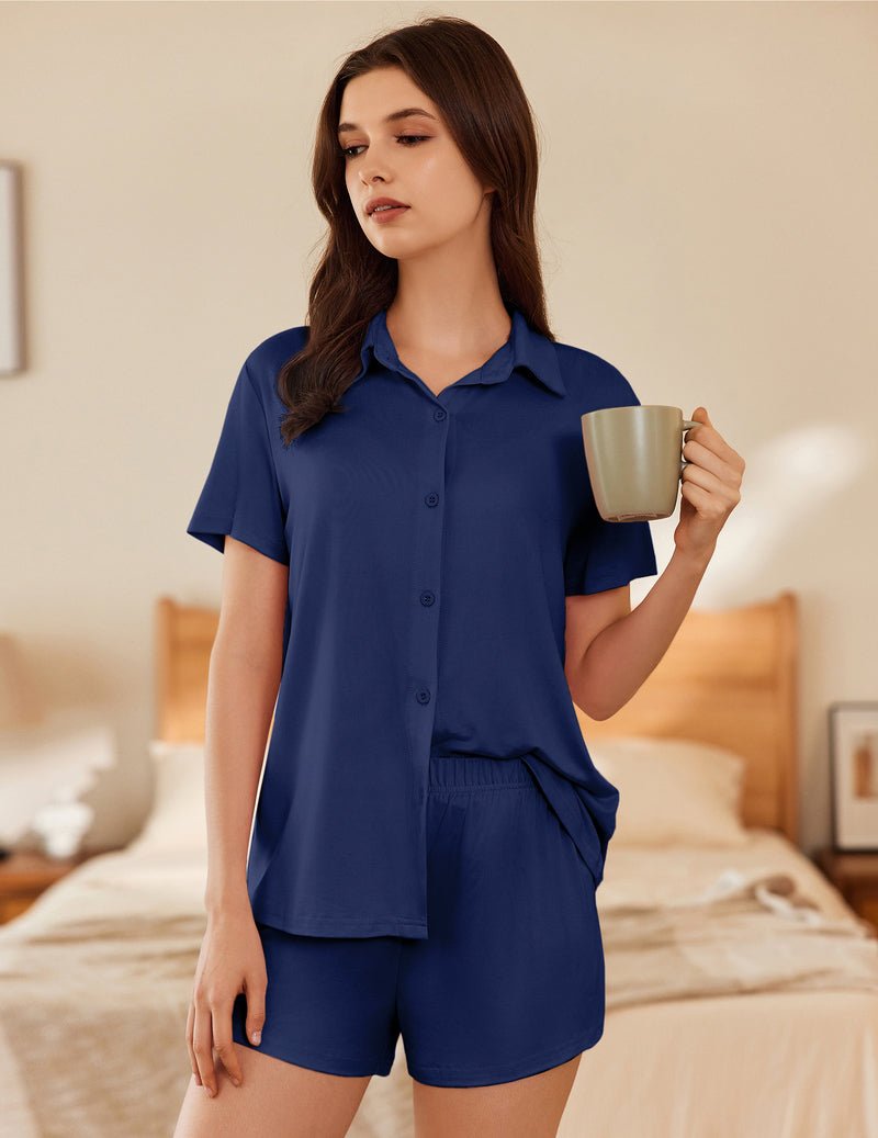 Button-down short sleeve pajama set in solid navy blue, with matching shorts