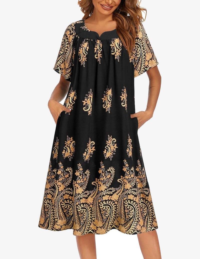 Floral house dress, black with gold paisley print, short sleeves, scoop neck, pockets