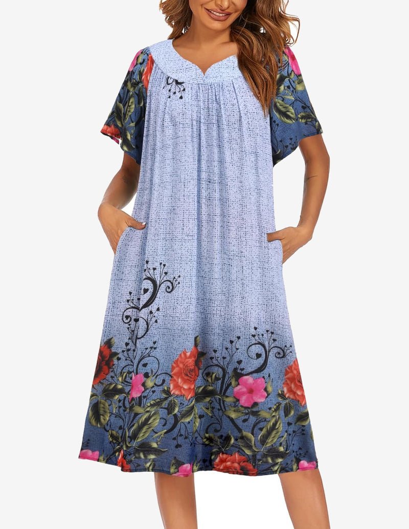 Floral house dress, light blue with pink rose and leaf print, short sleeves, gathered neckline