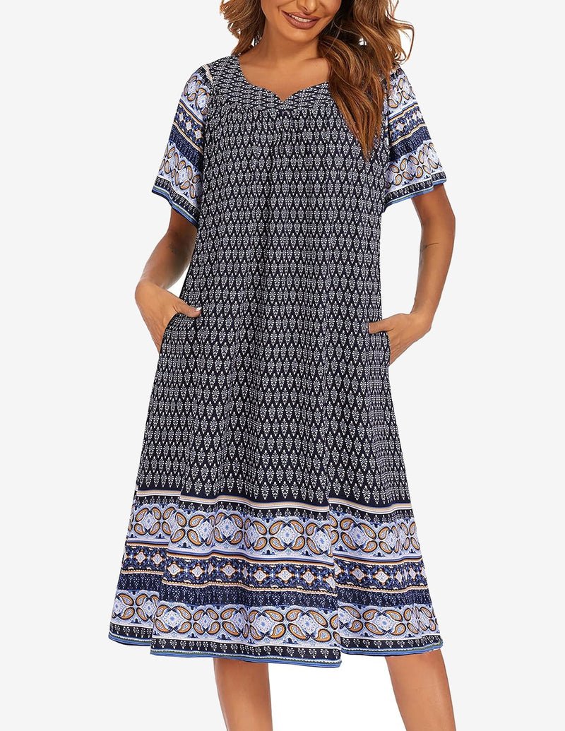 Floral house dress, navy and white medallion print, short sleeves, gathered neckline