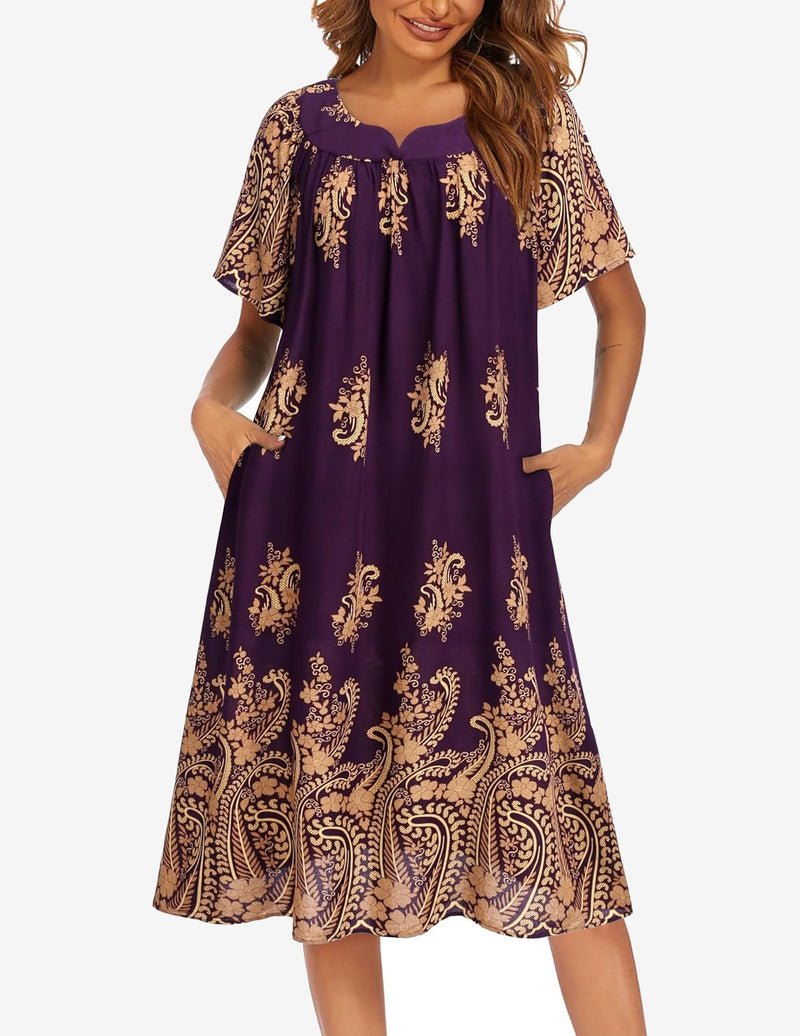 Floral short-sleeve house dress in purple with ornate gold pattern