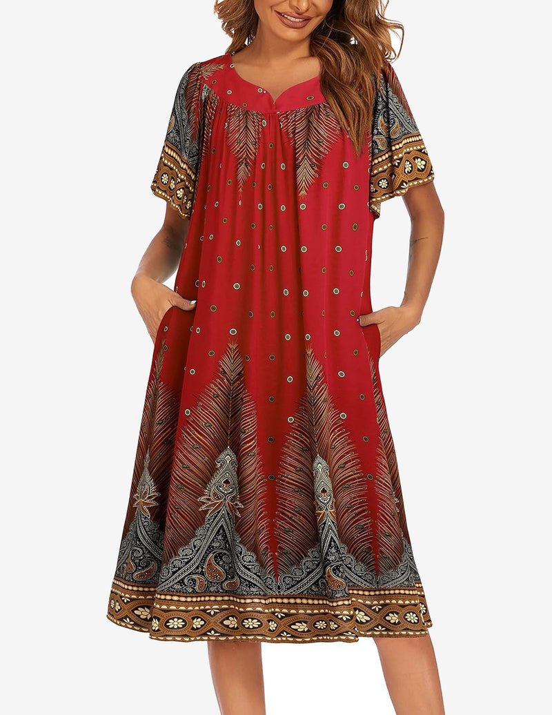 Floral house dress, burgundy red with leaf and dot motifs, short sleeves, round neckline