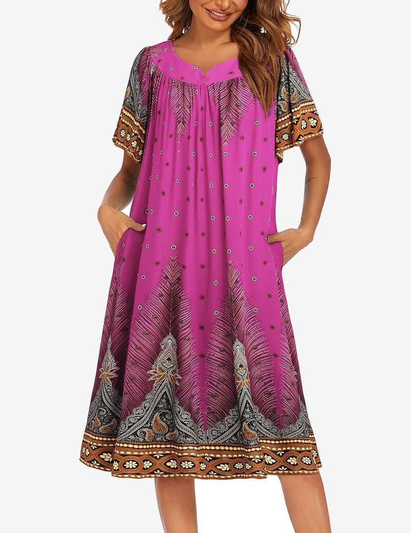 Floral house dress, bright purple with teal accents, short sleeves, gathered neckline