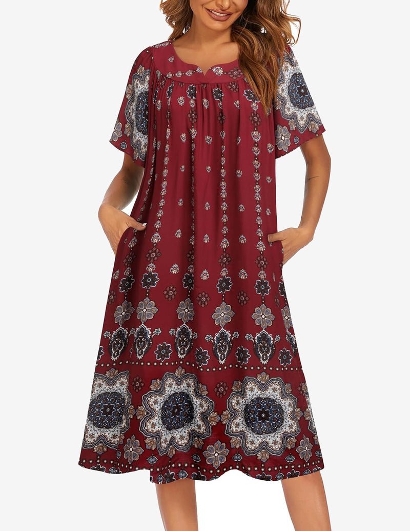 Floral house dress, burgundy with white floral medallion border, short sleeves, round neckline
