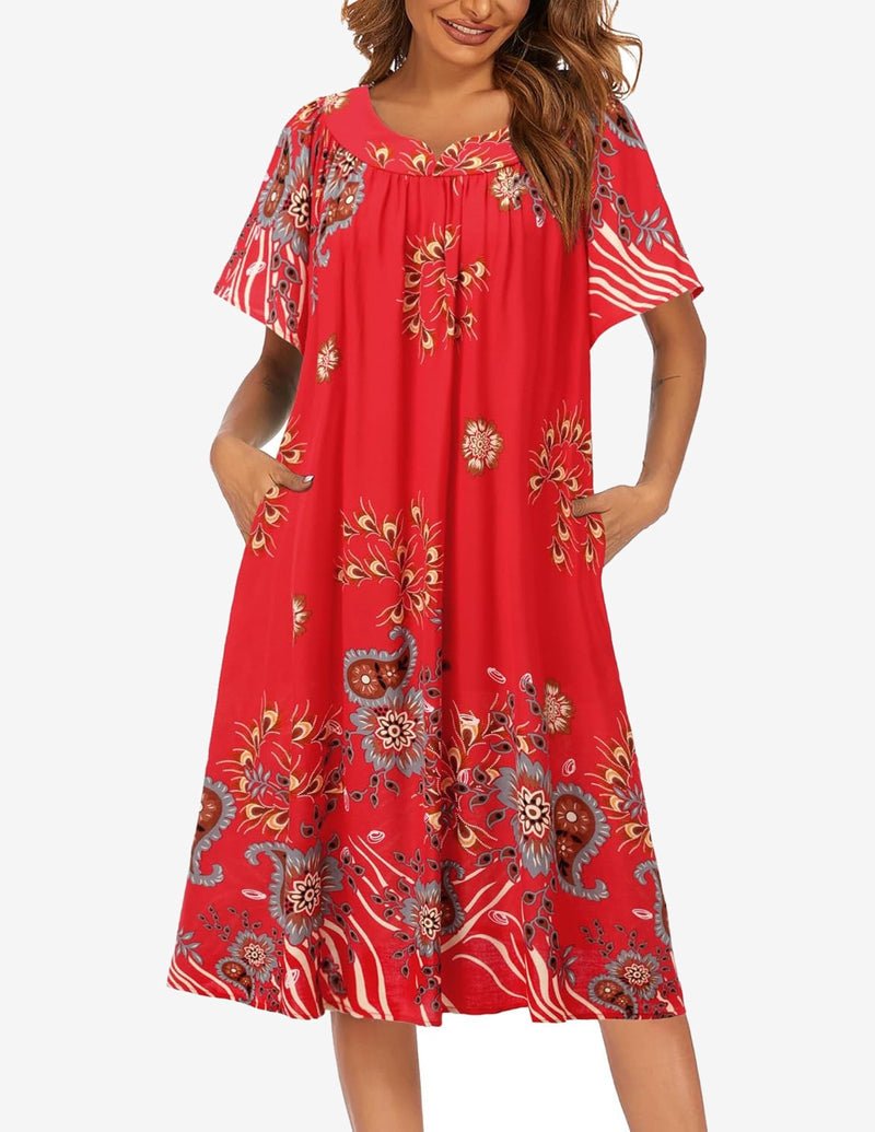 Floral short-sleeve house dress in red with gold and white ornate print