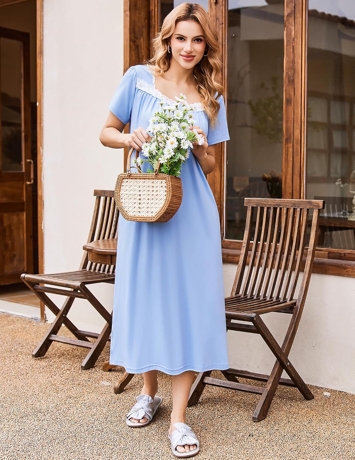Light blue short-sleeve button nightdress with lace-trim neckline and gathered skirt