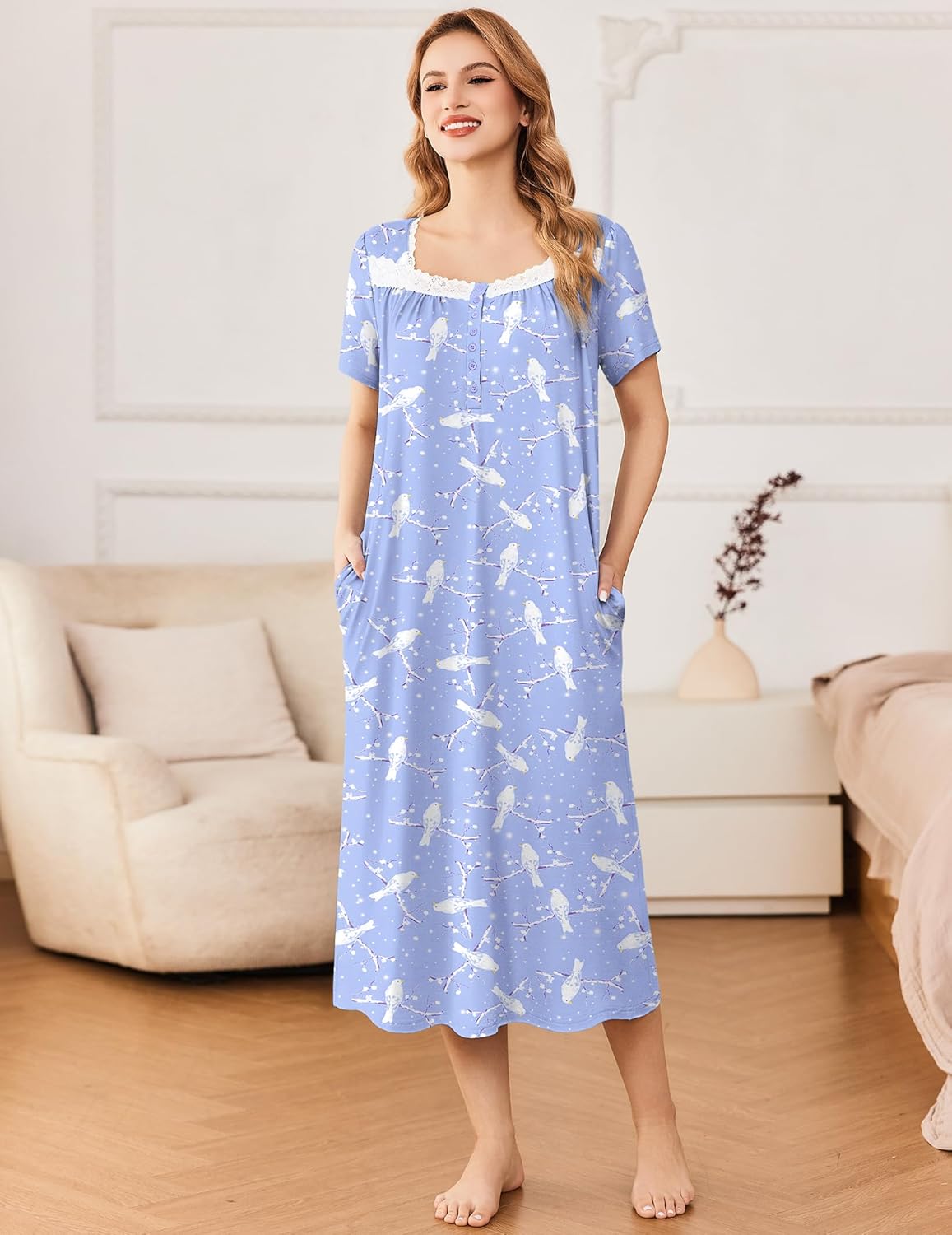 Blue floral short-sleeve button nightdress with lace-trim neckline and pockets