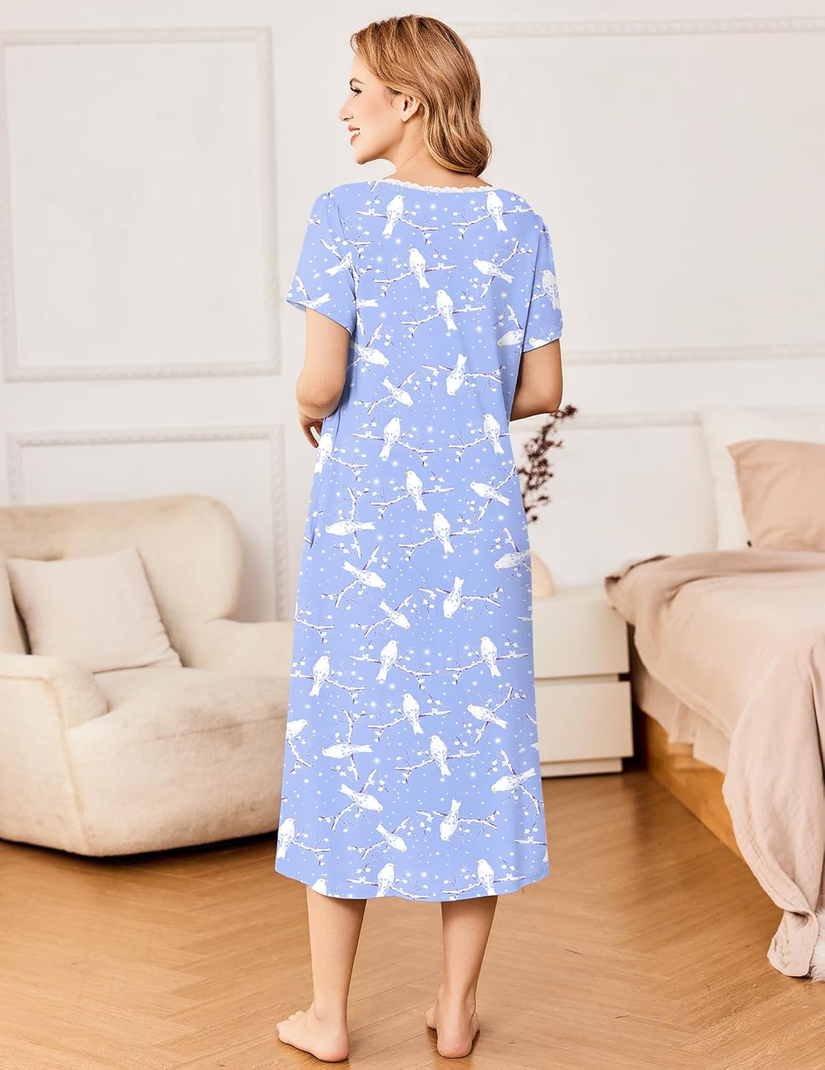 Blue floral short-sleeve button nightdress, back view, lace-trim neckline