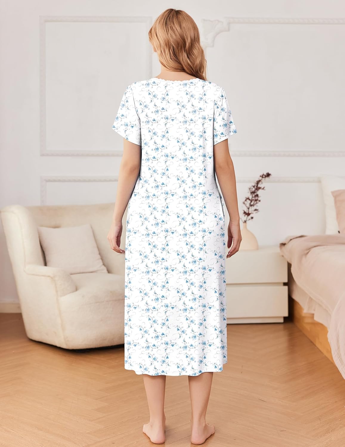 Floral short sleeve nightdress button house dress from back, white with blue floral print