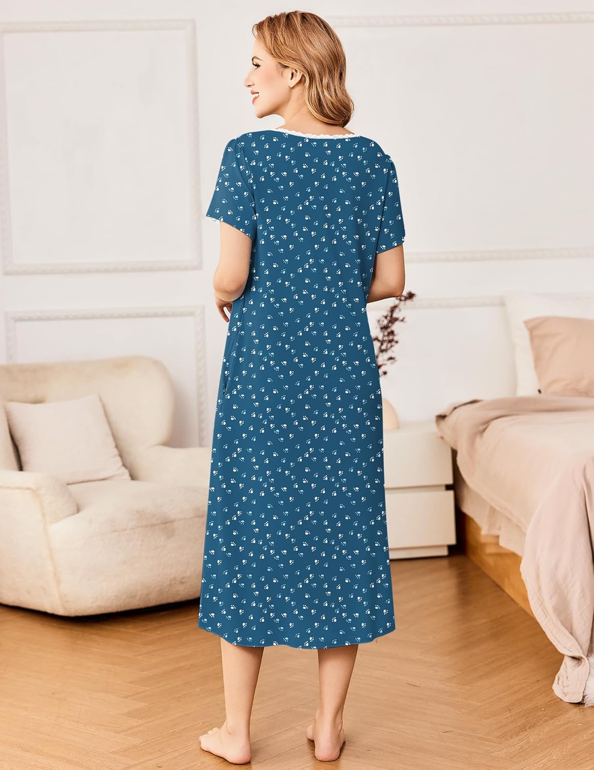 Blue floral short-sleeve button nightdress, back view with straight hem and lace neckline detail
