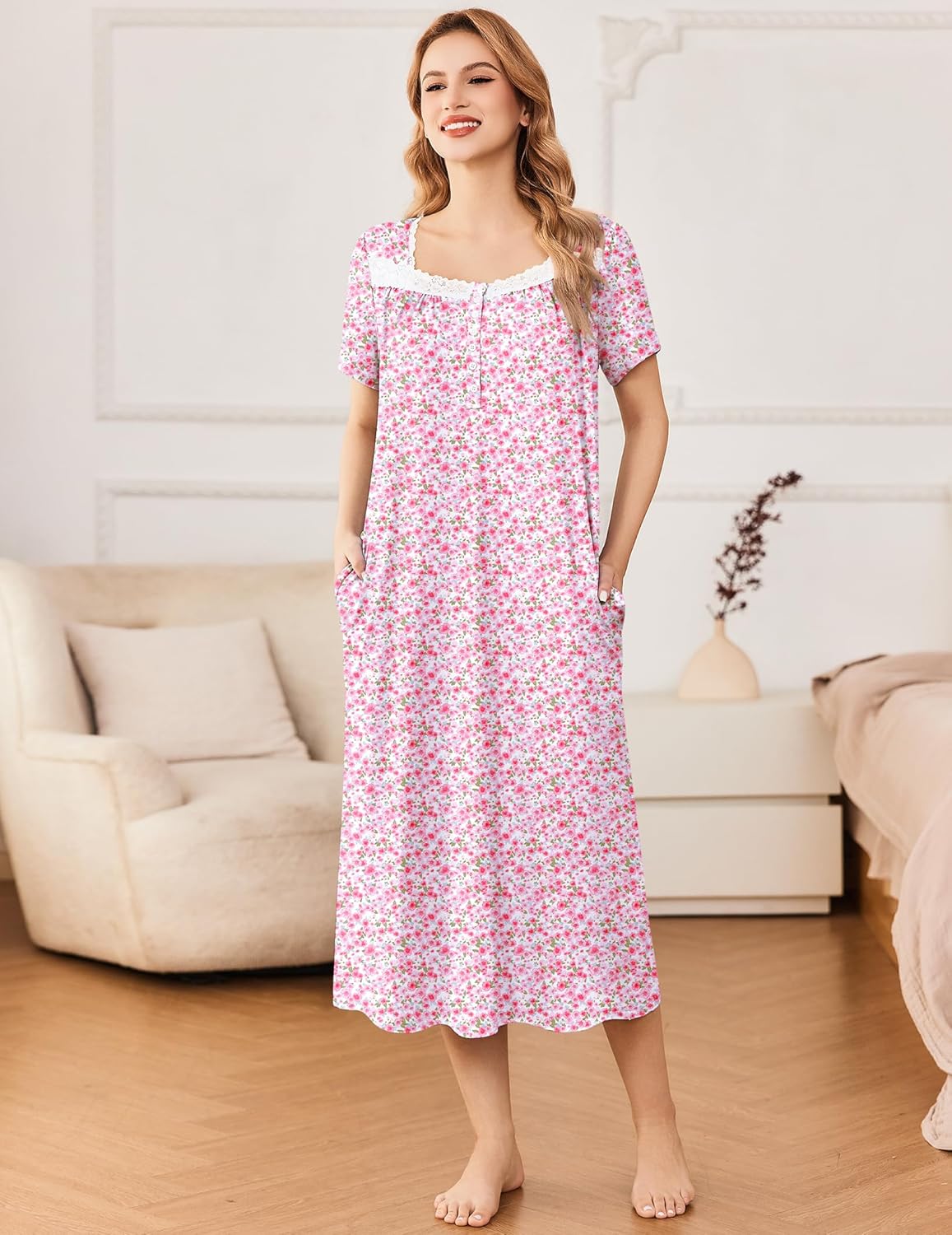 Pink floral nightdress, short sleeves; lace-trim square neckline, button front