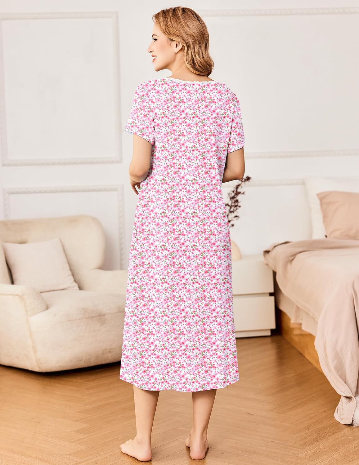 Pink floral nightdress, back view; short sleeves and button-front style