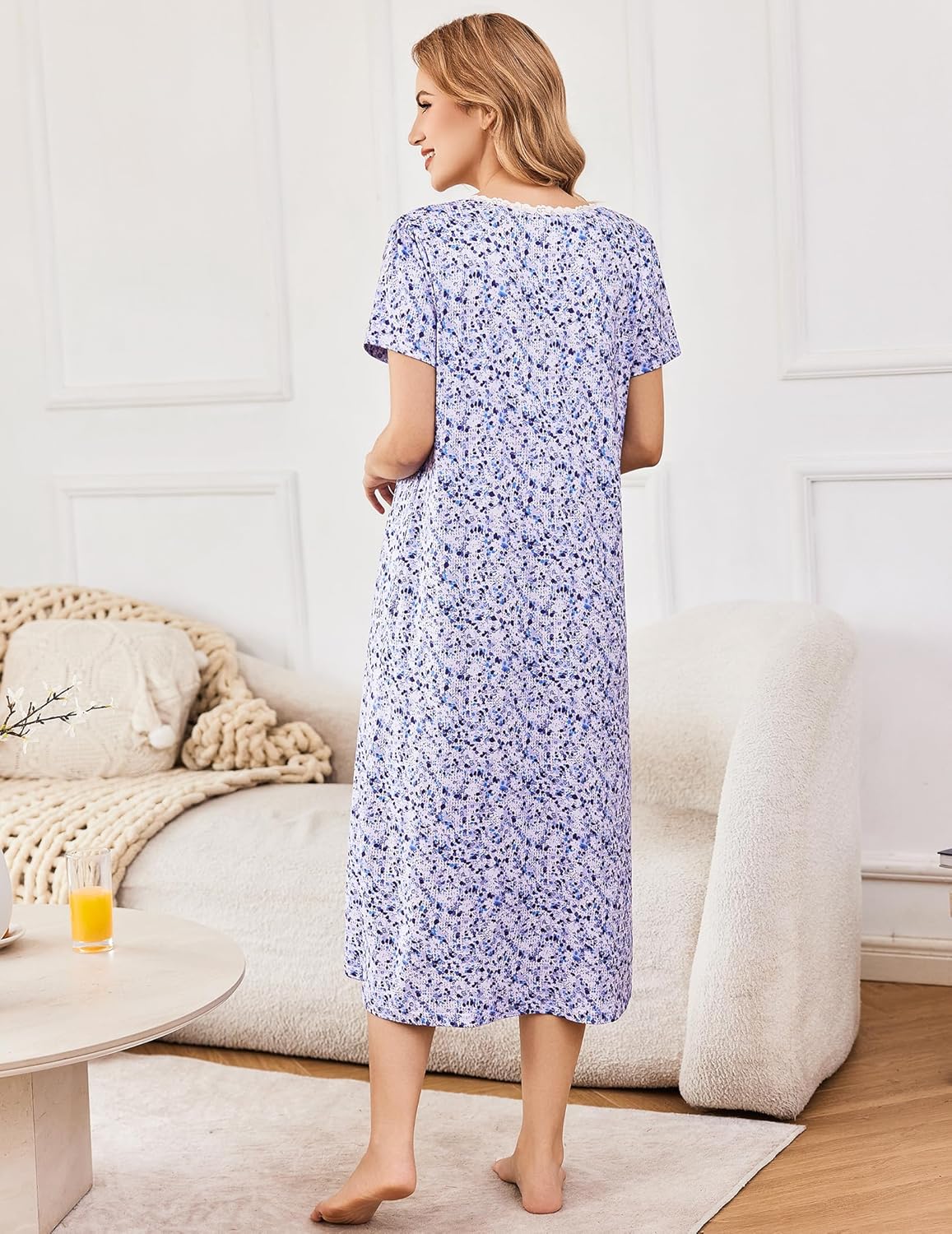 Lavender speckle nightdress, back view; short sleeves and lace-trim neckline